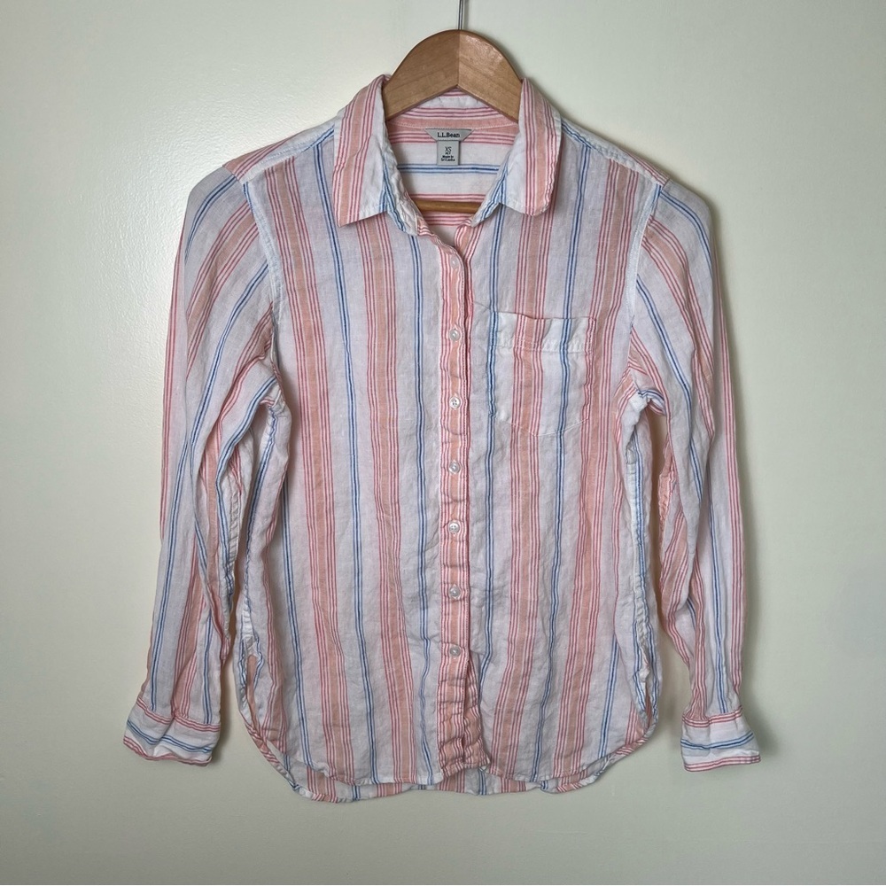 L.L. Bean Striped 100% Linen Button Down Long Sleeve Shirt Size XS (P) Coastal
